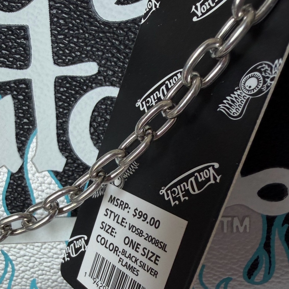 Von Dutch Black Shoulder Bag with silver Blue Flames and silver chain charms - Picture 3 of 4